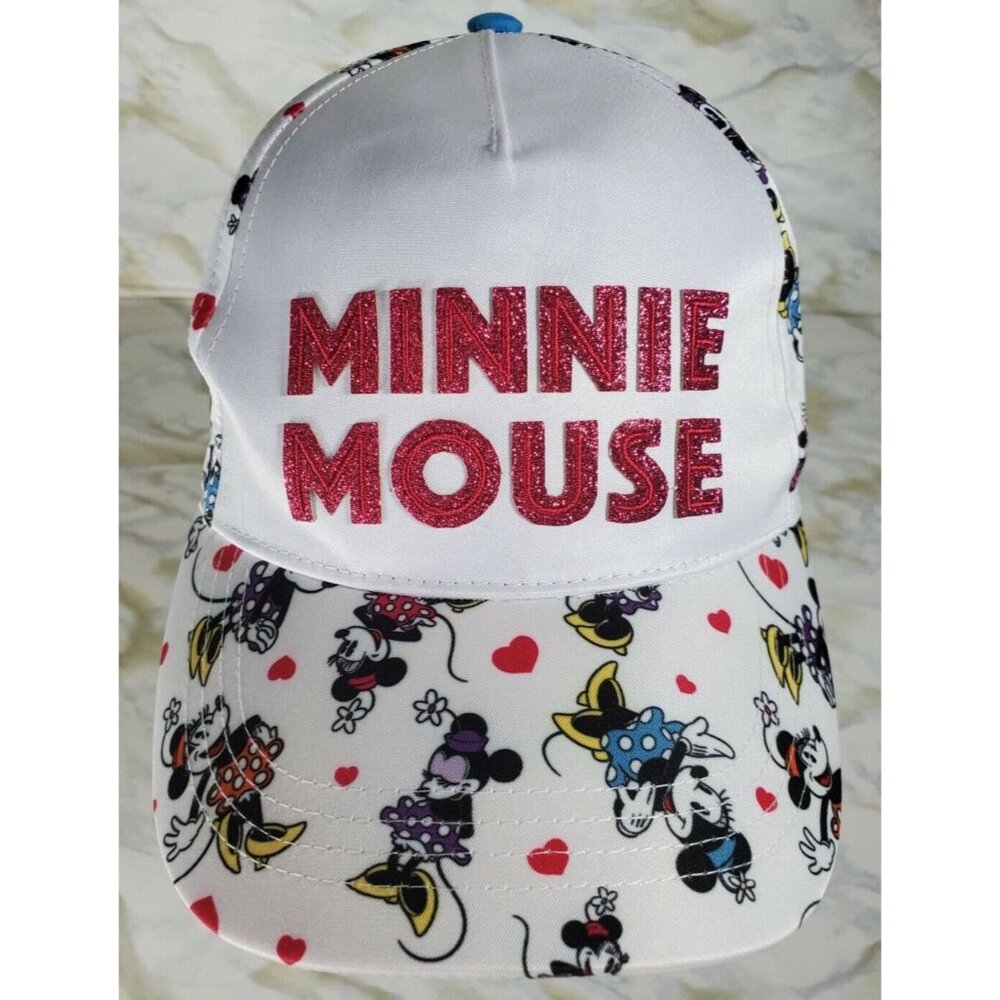 NEW Disney Parks WDW Minnie Mouse Glitter Spellout Hearts AOP Youth Size Cap Hat